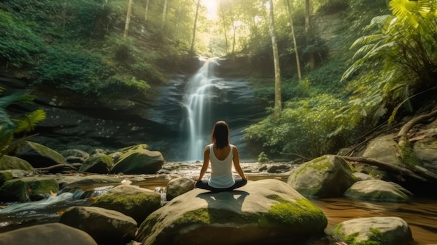 Kobieta medytująca przed wodospadem w tropikalnym lesie deszczowym