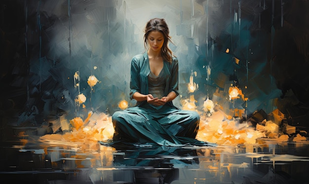 Kobieta medytująca w deszczu