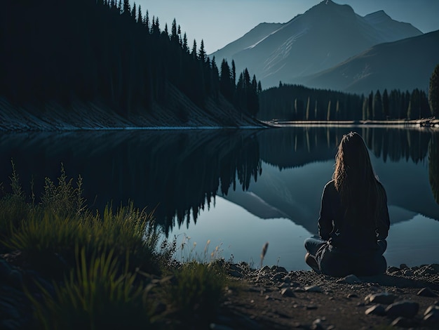 Kobieta medytująca w pobliżu jeziora widok z tyłu ai generatywny