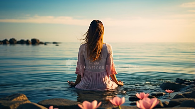 Zdjęcie kobieta medytująca widok z tyłu na plaży