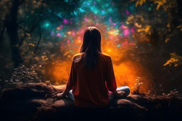 Kobieta medytująca z kolorową energią natury pojawiającą się wokół obrazu generowanego przez sieć neuronową