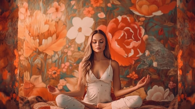 Kobieta medytuje przed kwiecistą ścianą