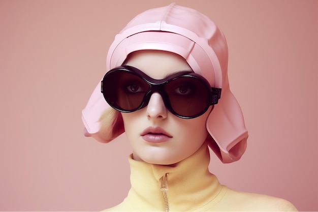 Kobieta moda lateksowa sztuka kreatywna portret okulary kolorowe piękno twarzy kapelusz Generative AI