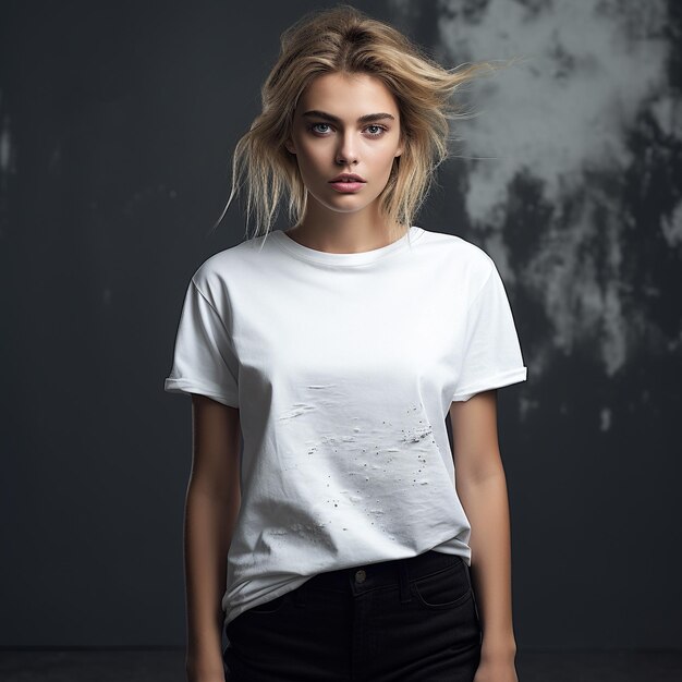 Zdjęcie kobieta model w białym t-shirt makiety upscaled wysokiej rozdzielczości abstrakcyjne tło