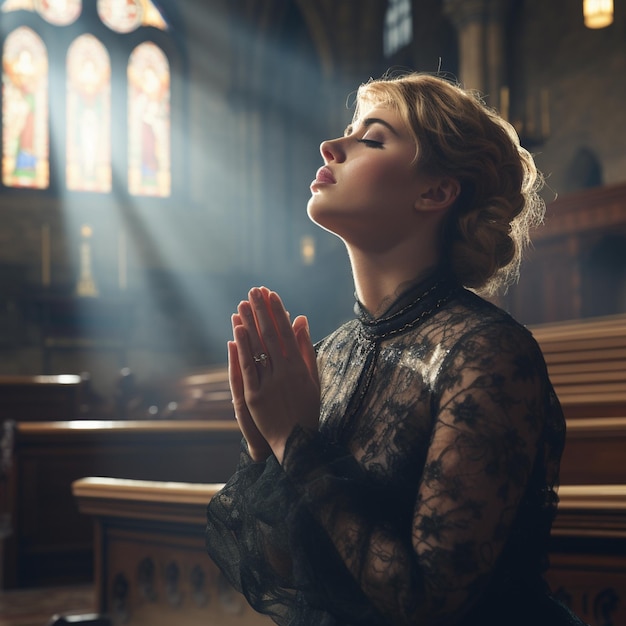 Zdjęcie kobieta modląca się w kościele z światłem widać w jej oczach.