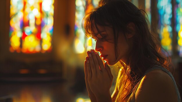 Zdjęcie kobieta modląca się z witrażem za głową