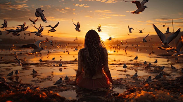 Kobieta modli się i uwalnia ptaki latające na tle zachodu słońca koncepcja nadziei