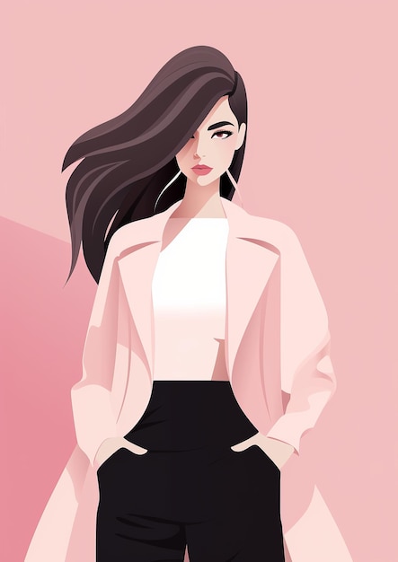 Zdjęcie kobieta mody 2d płaska minimalna ilustracja wektorowa różowe tło do projektowania plakatów