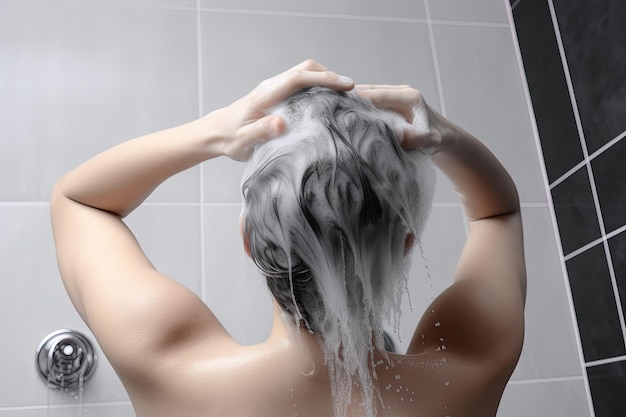 Kobieta myjąca włosy szamponem i prysznicem w łazience