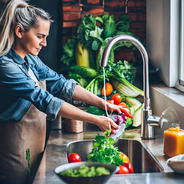 kobieta myje ręce sałatką warzywną i przygotowuje zdrową żywność w kuchni