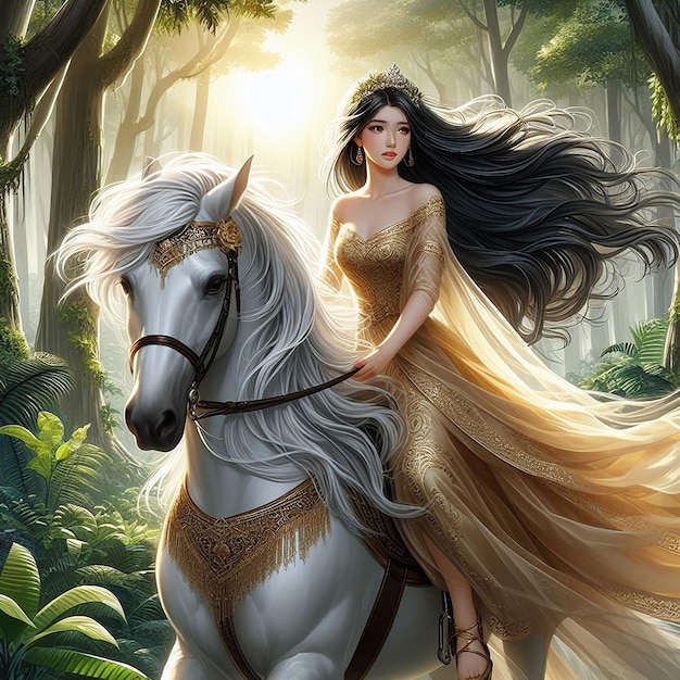 Kobieta na białym koniu w lesie