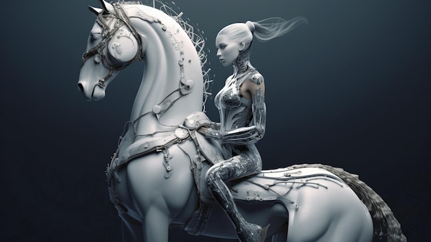 Kobieta na koniu ze szkieletem na grzbiecie.
