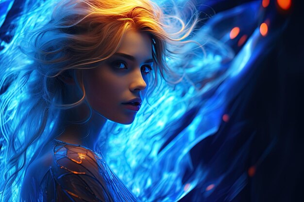 Zdjęcie kobieta na niebieskim tle z niebieskim płomieniem w środku włosów
