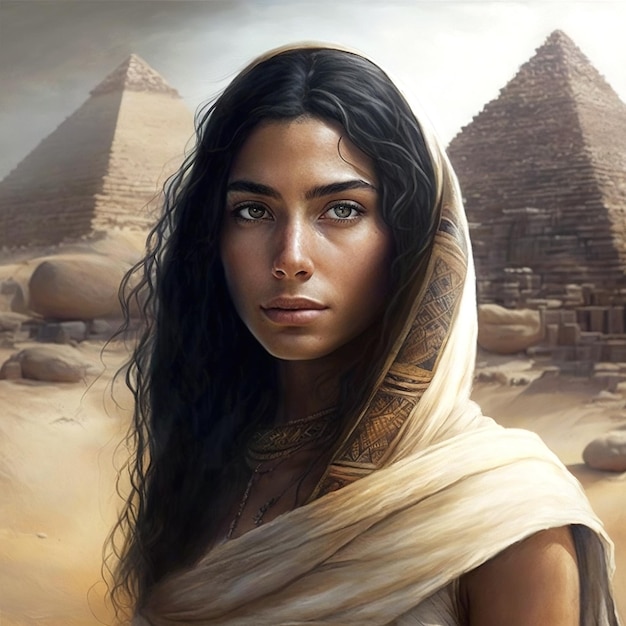 Kobieta na pierwszym planie z piramidami w tle
