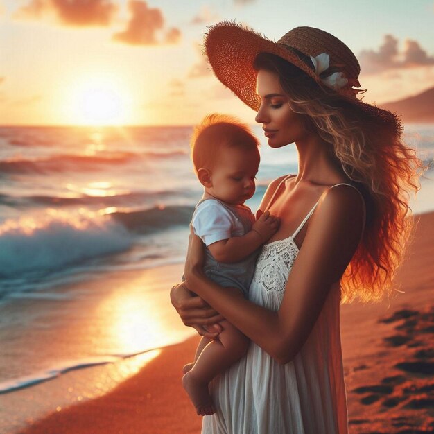 Kobieta na plaży z dzieckiem cieszy się zachodem słońca