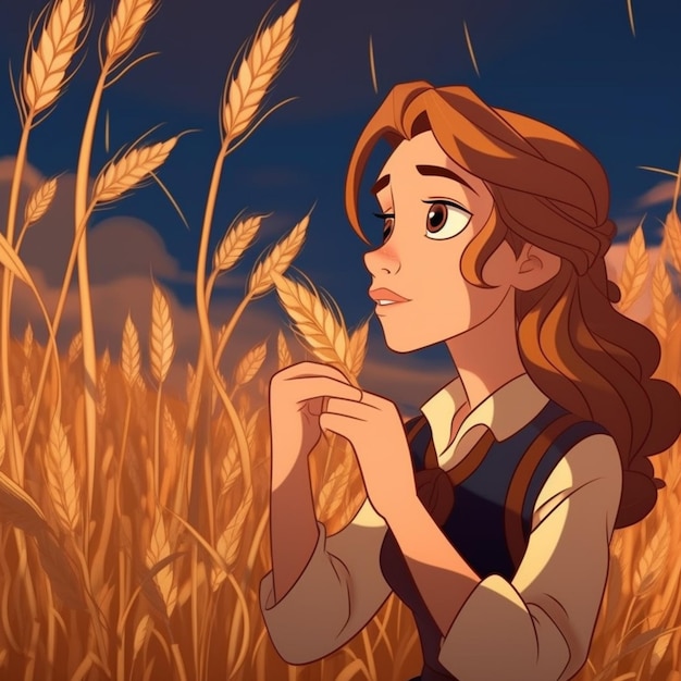 Zdjęcie kobieta na polu pszenicy patrząca na niebo generująca ai