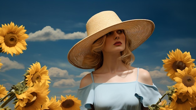 kobieta na polu słoneczników w kapeluszu
