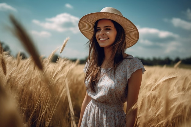 Kobieta na polu w kapeluszu i sukience