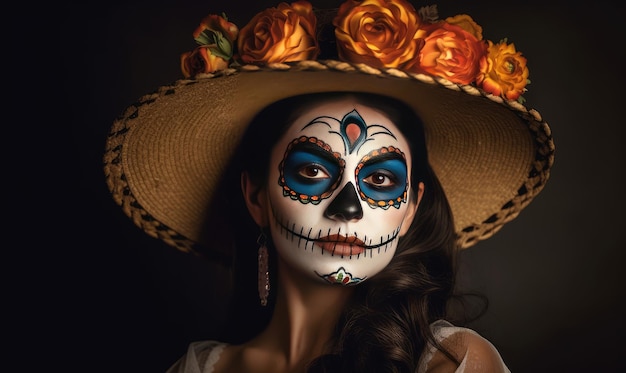 Kobieta na portrecie z dumą i szacunkiem nosiła meksykański strój z okazji Dnia Zmarłych. Tworzenie przy użyciu generatywnych narzędzi sztucznej inteligencji