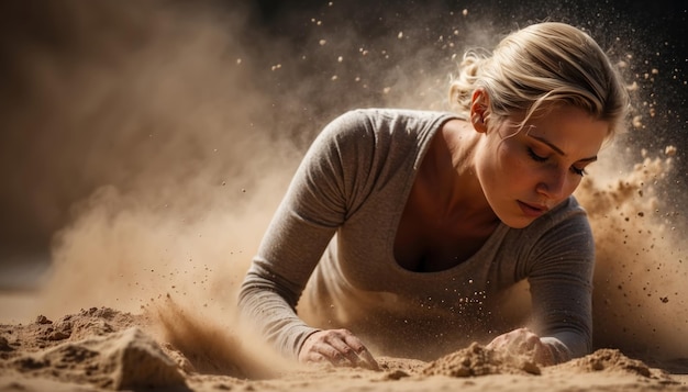 Zdjęcie kobieta na pustyni w piasku generowanej przez sztuczną inteligencję