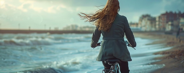 Zdjęcie kobieta na rowerze na promenadzie.