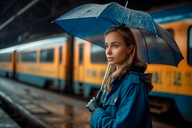 Kobieta na stacji z parasolem w deszczu