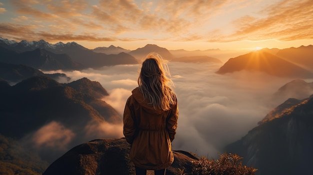 Kobieta na szczycie góry z widokiem na chmury i wschód słońca