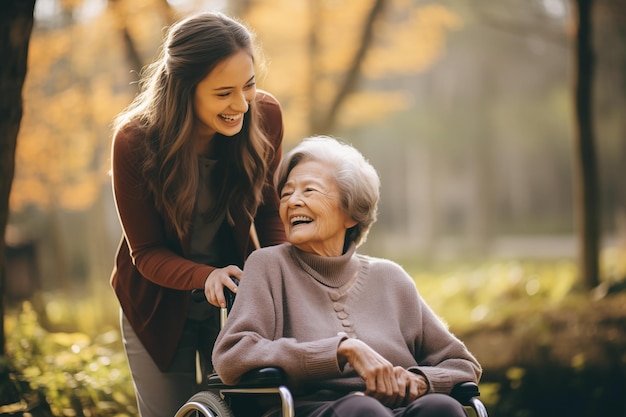 Zdjęcie kobieta na wózku inwalidzkim uśmiecha się do starszej kobiety.