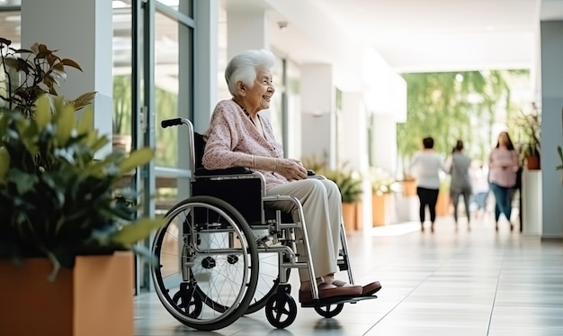 Kobieta na wózku inwalidzkim w przestronnym korytarzu