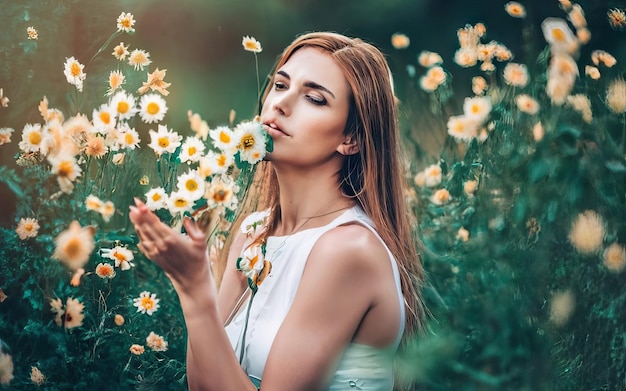 Zdjęcie kobieta na zdjęciu z kwiatami