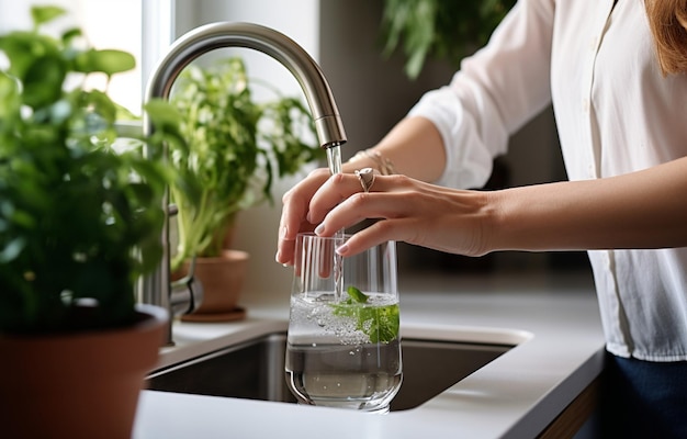 Kobieta napełniająca szklankę wodą z kranu w zbliżeniu kuchennym