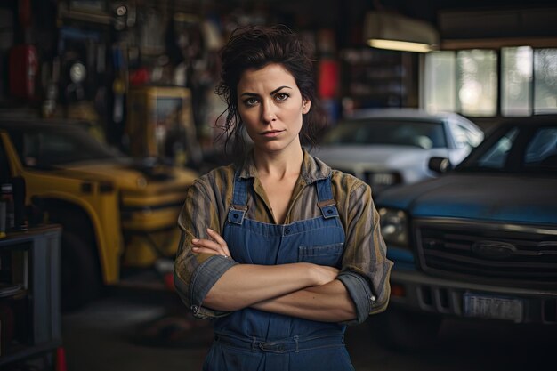 Kobieta naprawiająca samochód w warsztacie samochodowym Średnioletnia hiszpańska kobieta stoi w warsztacie samochodowym i patrzy na kamerę