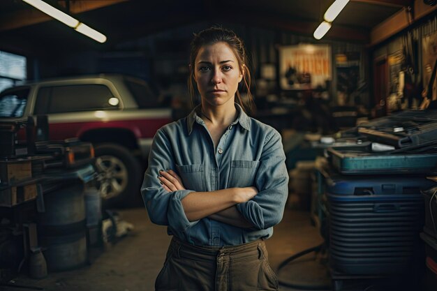 Kobieta naprawiająca samochód w warsztacie samochodowym
