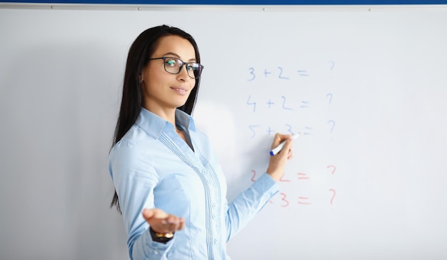 Kobieta nauczycielka stojąca przy tablicy z formułami i wyjaśniającą informacje