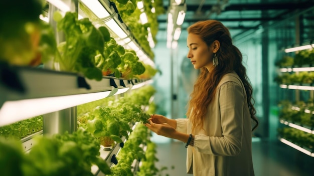 Kobieta naukowiec dba o warzywa rosnące na farmie pionowej Hydroponika i rolnictwo pionowe to zrównoważone rolnictwo dla przyszłej żywności Banner Generative AI