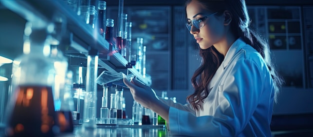 Kobieta-naukowiec przeprowadzająca eksperyment w laboratorium z chemikaliami i sprzętem analizującym innowacje medyczne w biochemii Kopiuj przestrzeń