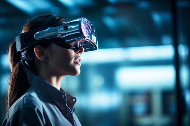 Kobieta naukowiec w pokoju w laboratorium z okularami wirtualnej rzeczywistości z generatywną sztuczną inteligencją