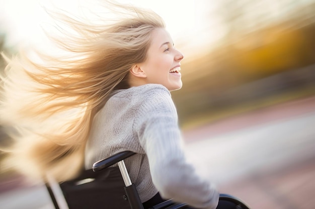 Zdjęcie kobieta niepełnosprawna na wózku inwalidzkim z włosami dmuchającymi na wietrze przyspiesz się i poruszaj życie i sukces na świeżym powietrzu