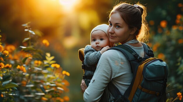 Kobieta niosąca dziecko w plecaku dla wygody i wygody