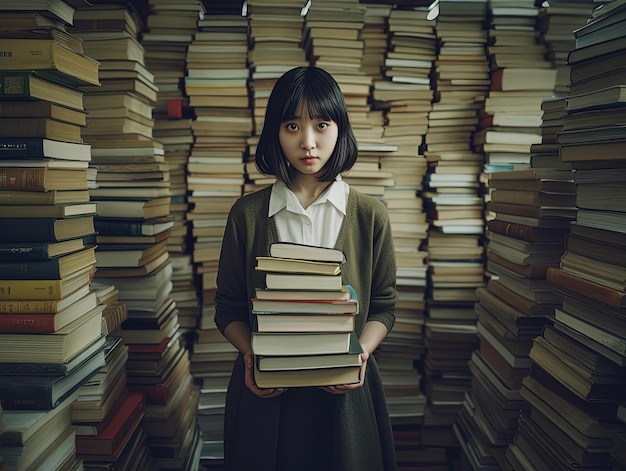 Kobieta niosąca stos książek w bibliotece
