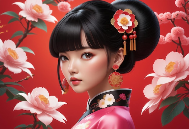 Kobieta nosi czerwoną cheongsam na chiński Nowy Rok