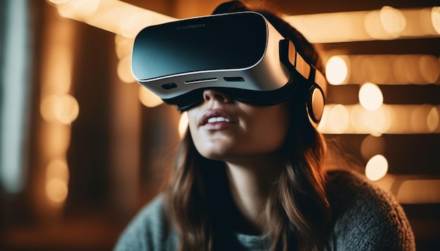 Kobieta nosi okulary 3D VR i patrzy w cyberprzestrzeń.