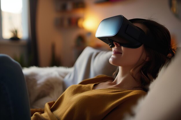 Zdjęcie kobieta nosząca headset z wirtualną rzeczywistością siedzi na kanapie
