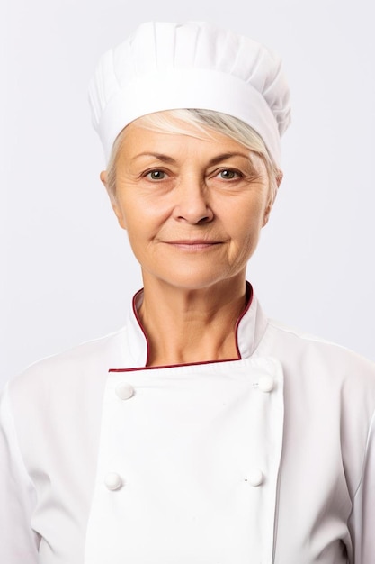 Kobieta nosząca kapelusz szefa kuchni i biały płaszcz