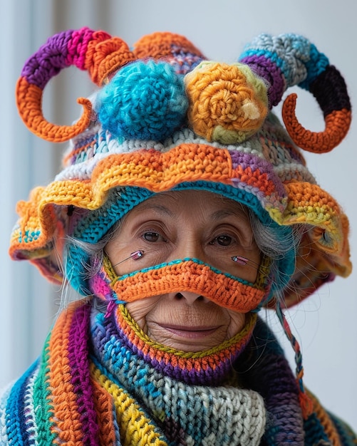 kobieta nosząca kolorowy kapelusz z kolorowym kapeluszem na nim