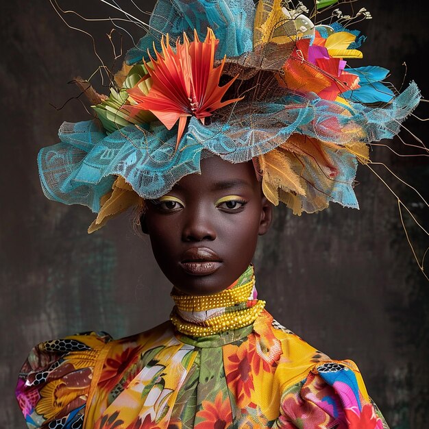 kobieta nosząca kolorowy kapelusz z kolorowym kwiatem