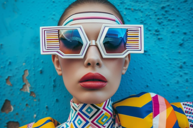 Kobieta nosząca masywne białe i wielokolorowe wzory geometryczne okulary przeciwsłoneczne modne