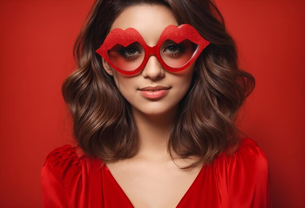 Zdjęcie kobieta nosząca okulary zaprojektowane w kształcie ust