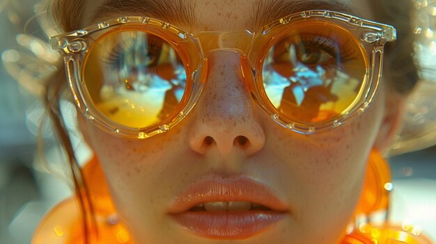 Zdjęcie kobieta nosząca parę pomarańczowych okularów przeciwsłonecznych z słońcem odbijającym się od jej oczu