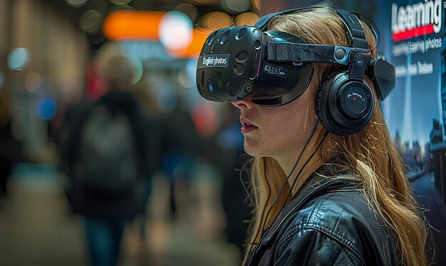 kobieta nosząca parę słuchawek wirtualnej rzeczywistości nosi czarną skórzaną kurtkę
